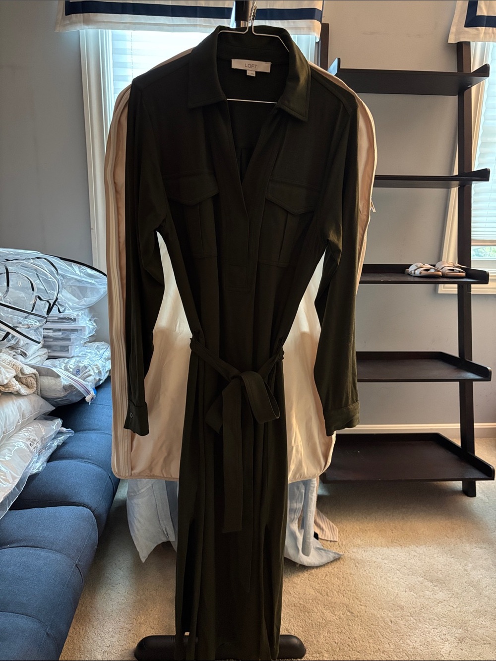 LOFT Olive Green Maxi Shirt Dress with Tie Waist
